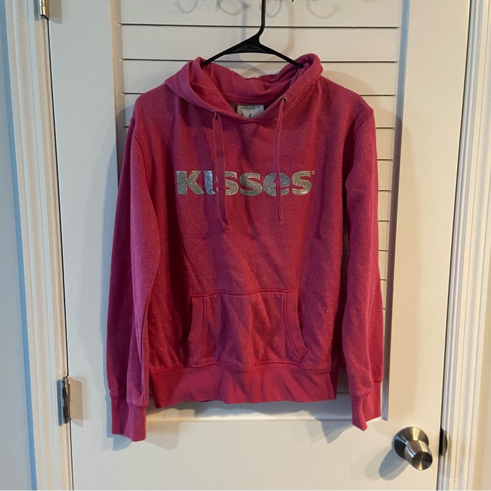 Hersheypark Kisses Pink Sparkle Hooded Sweatshirt Size Medium EUC Valentine
